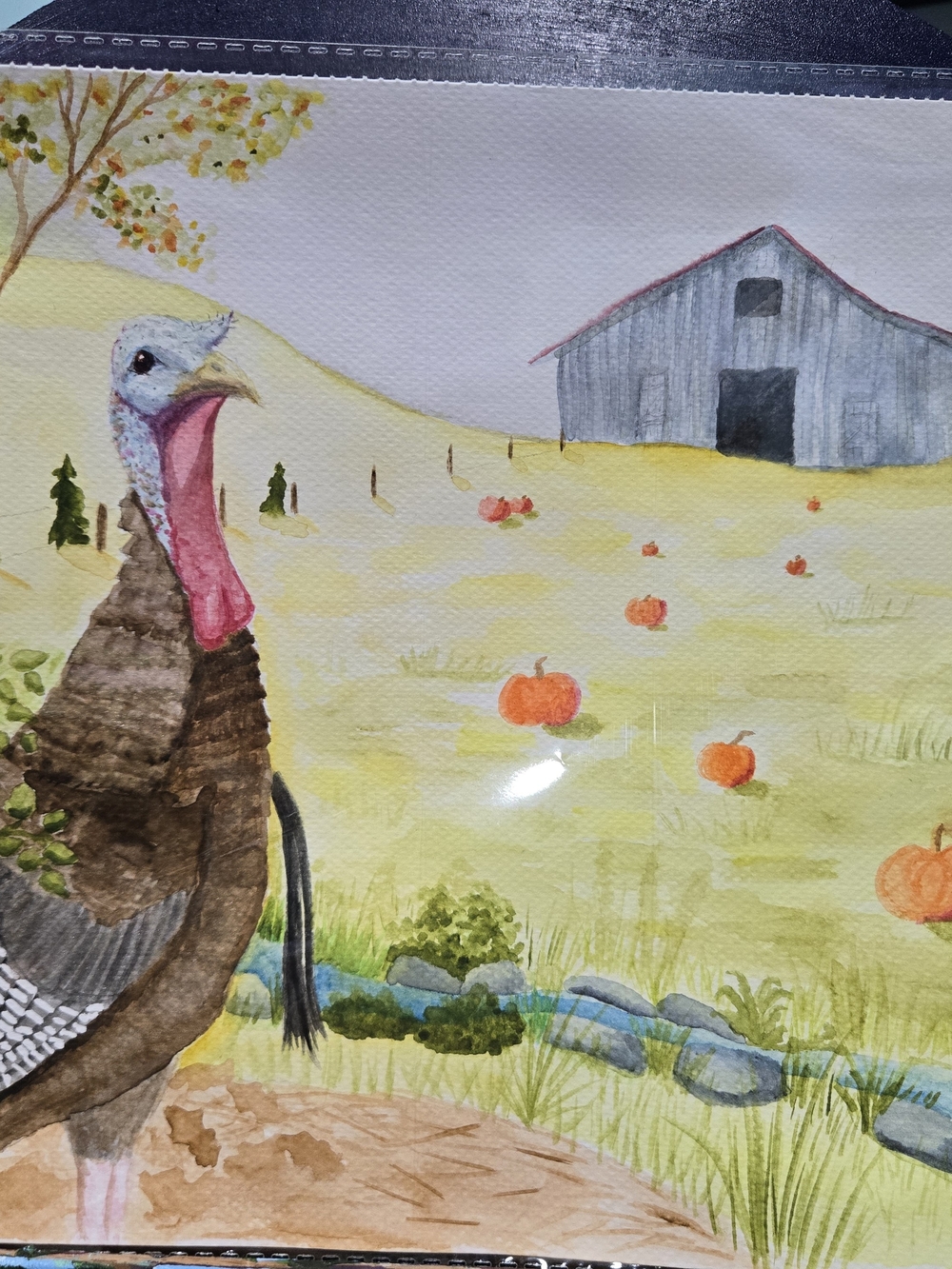 Hand-Painted Farm Turkey Watercolor Wall Art - Brown & Yellow